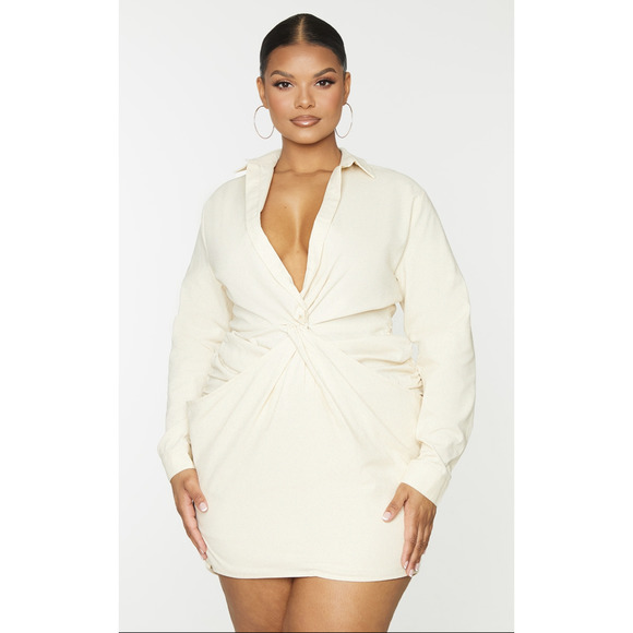 PLT PLUS CREAM WOVEN PLUNGE TWIST DETAIL SHIRT DRESS - Picture 1 of 5